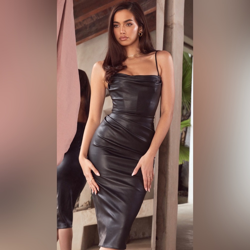 House of CB Luanne BLACK VEGAN LEATHER CORSET MIDI DRESS